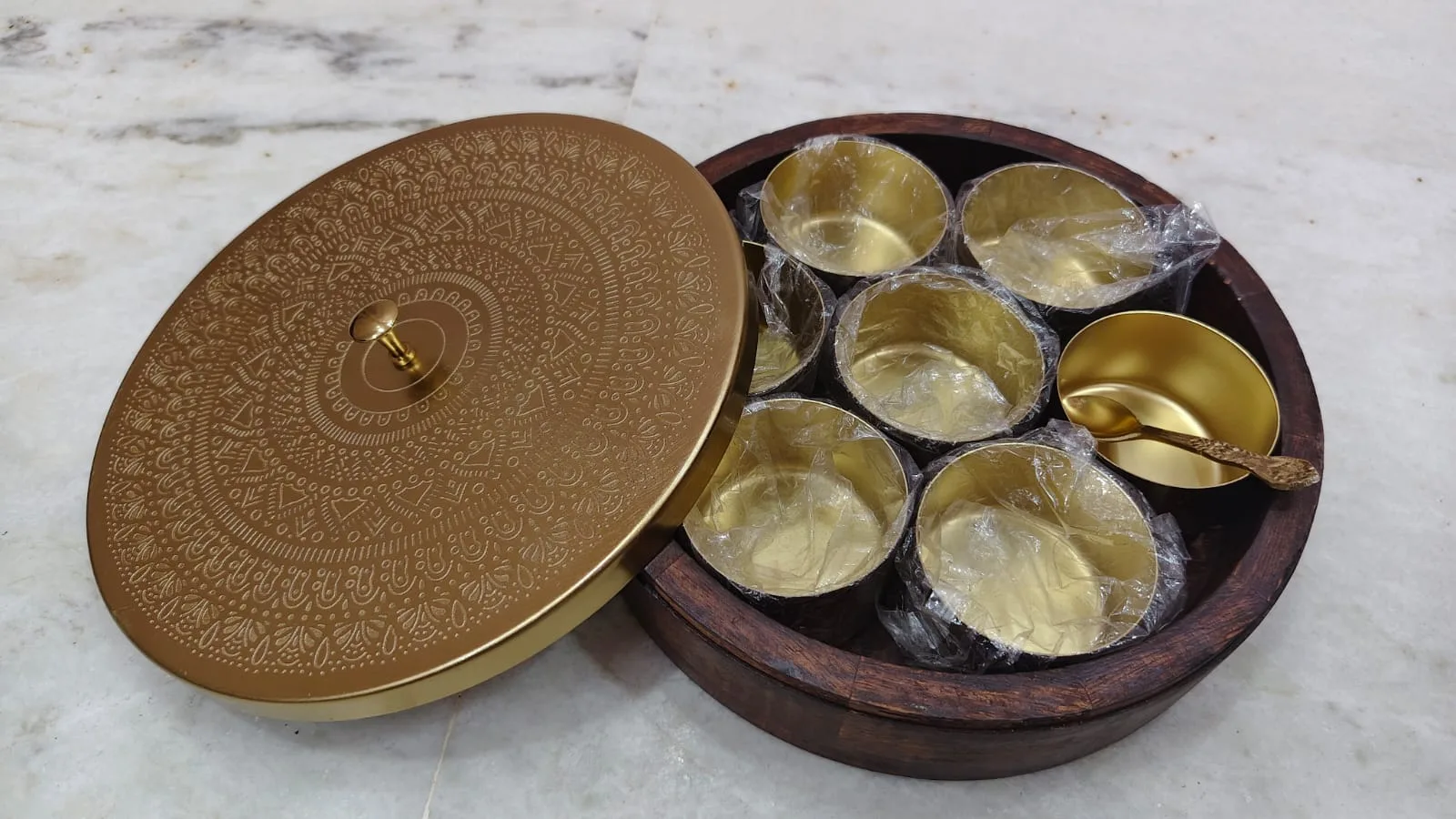 Decorative Round Storage Box with Engraved Metal Lid view 2